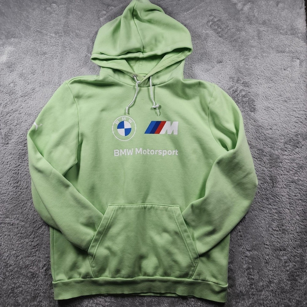 BMW Motorsport Hoodie Mens Large Green Puma Pullover Fleece Graphic Racing